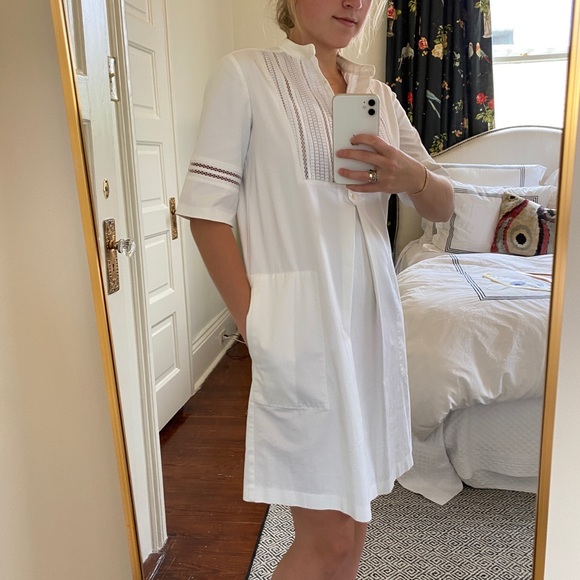 VINCE Lattice Lace Bib Cotton Poplin Shift Dress - Picture 4 of 16